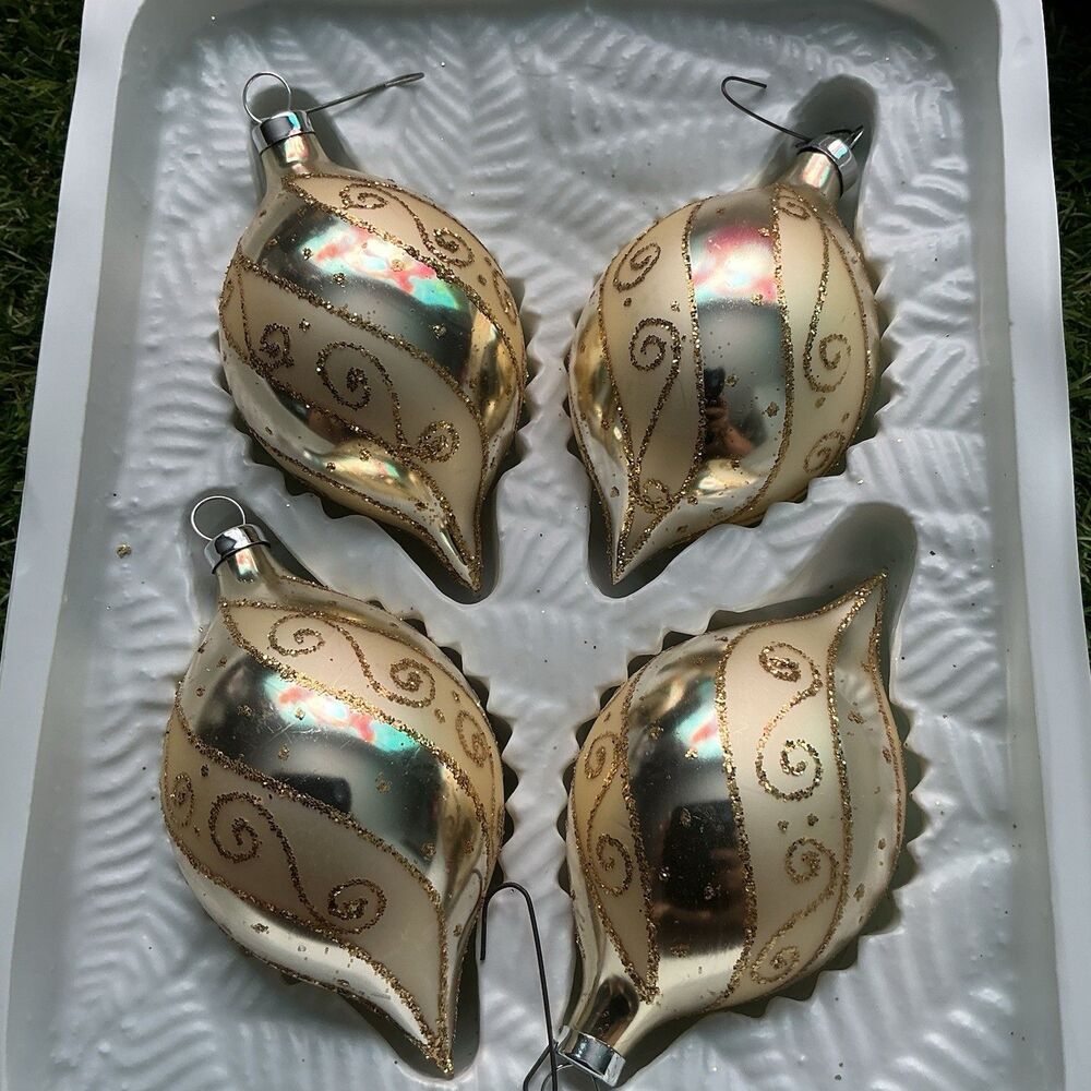 Set of 4 Glass Christmas Ornaments Gold Silver Glitter Swirl Teardrop 4.5”